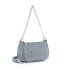 The Denim Bling Shoulder Bag features a curved denim design, sparkling rhinestones on the front, a silver chain strap, and comes with an extra matching denim strap—perfect for everyday style.