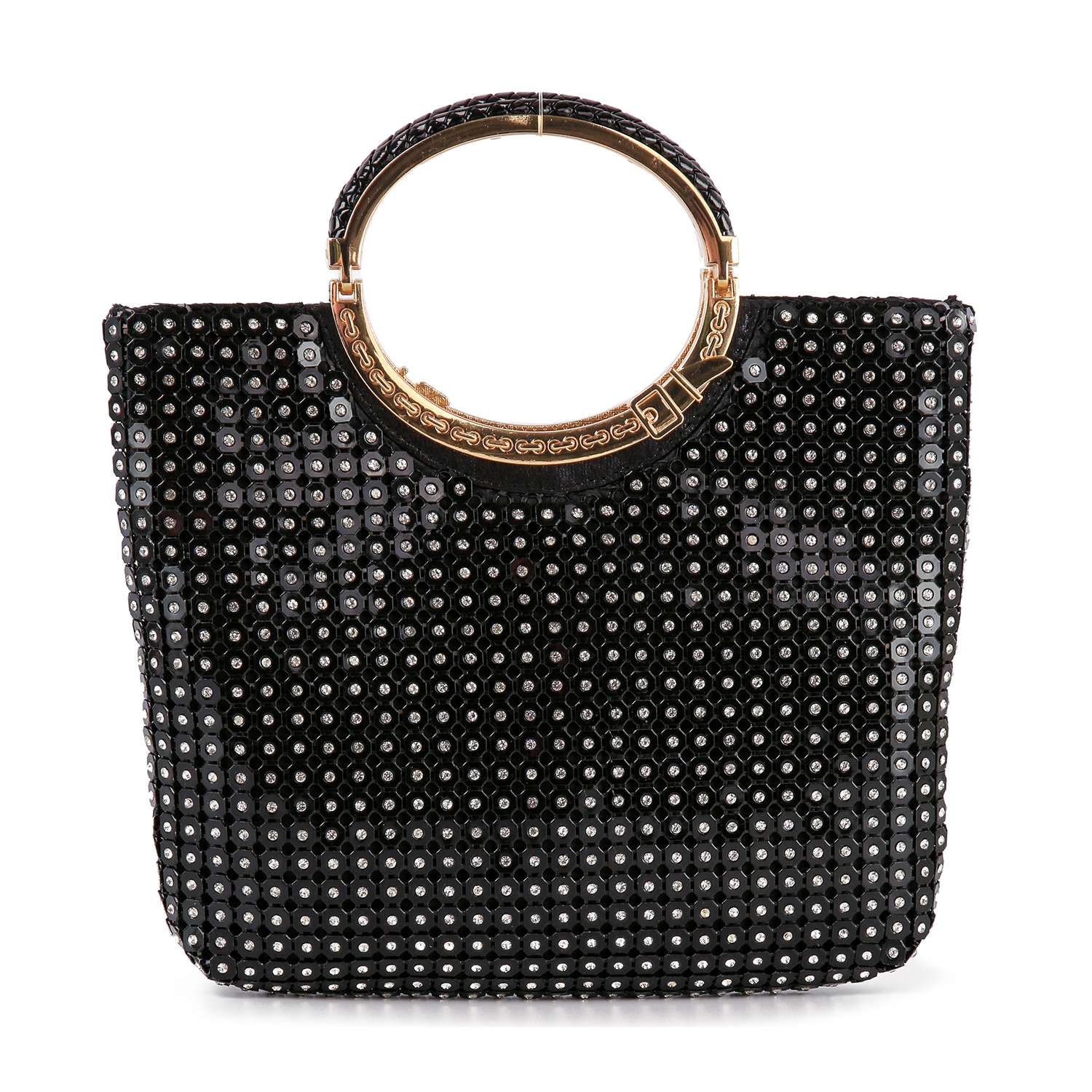 The Metal Mesh Rhinestone Hand Tote is a black faux leather purse with small shiny studs and large round gold handles featuring decorative engravings.