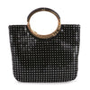 The Metal Mesh Rhinestone Hand Tote is a black faux leather purse with small shiny studs and large round gold handles featuring decorative engravings.