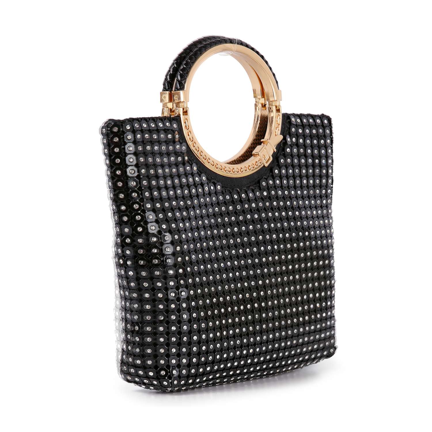 The Metal Mesh Rhinestone Hand Tote, featuring a black square design with a textured beaded surface and a large round gold metal handle, is shown against a white background.