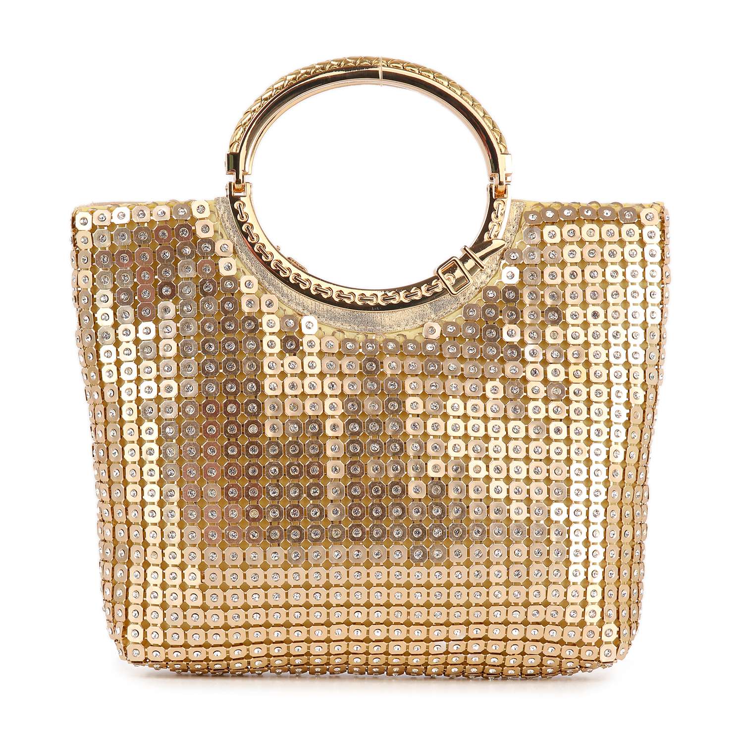 The Metal Mesh Rhinestone Hand Tote is a square-shaped purse with a round metal handle, featuring rows of sparkling rhinestones for a reflective and glamorous appearance.