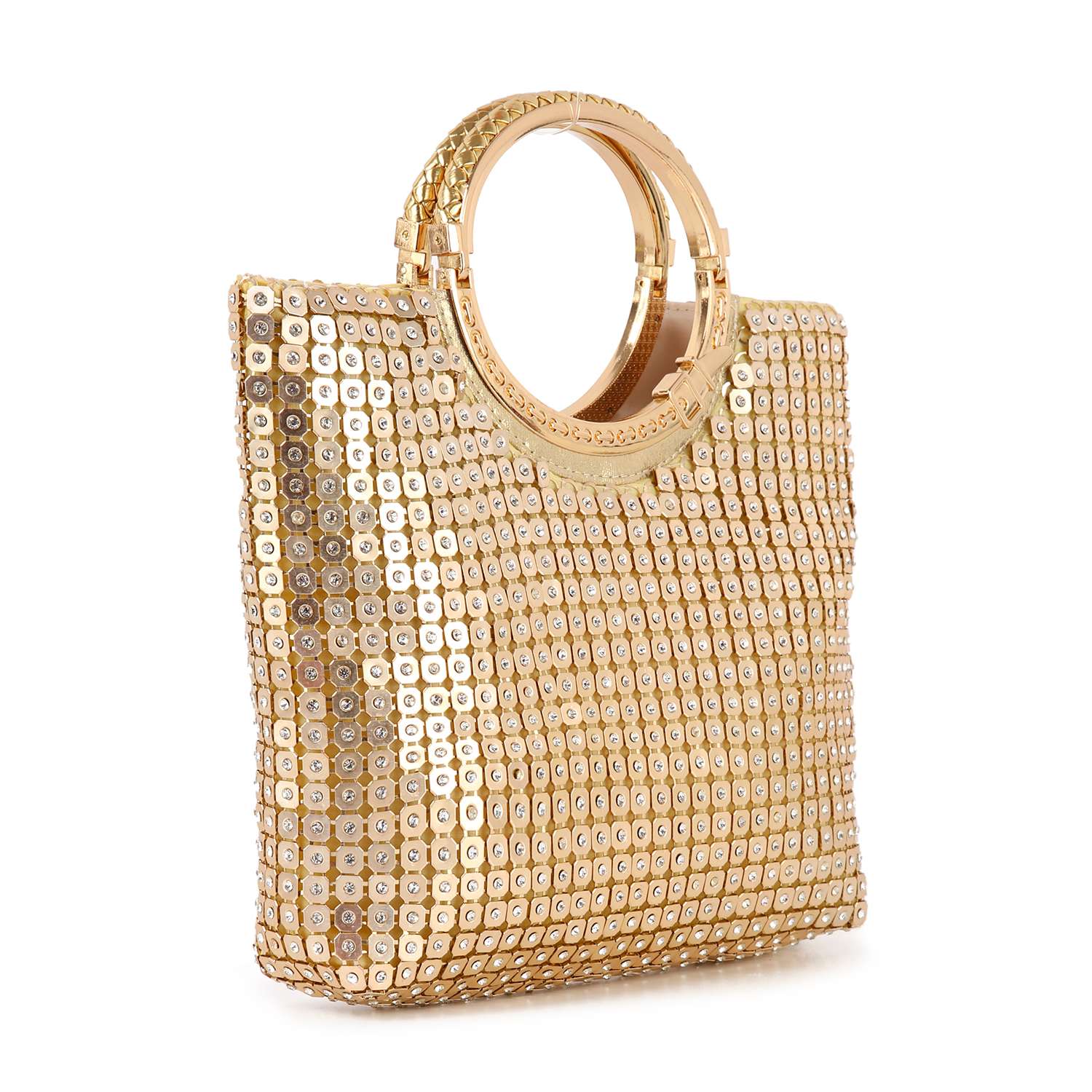 The Metal Mesh Rhinestone Hand Tote features gold mesh with shiny square sequins and round metal handles, displayed at an angle on a white background.