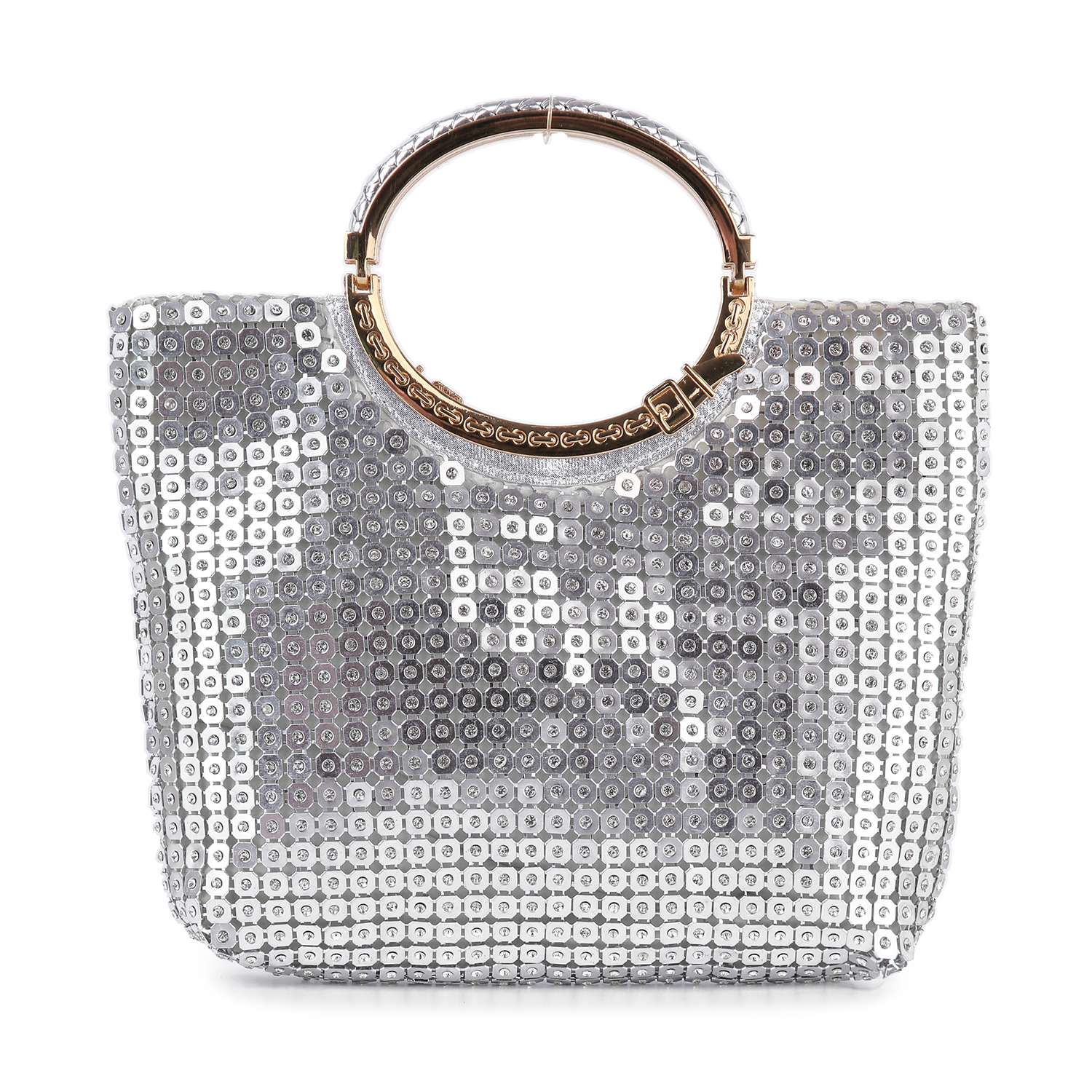 The Metal Mesh Rhinestone Hand Tote features silver sequins, sparkling rhinestones, circular accents, and a large round metallic handle.