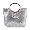The Metal Mesh Rhinestone Hand Tote features silver sequins, sparkling rhinestones, circular accents, and a large round metallic handle.