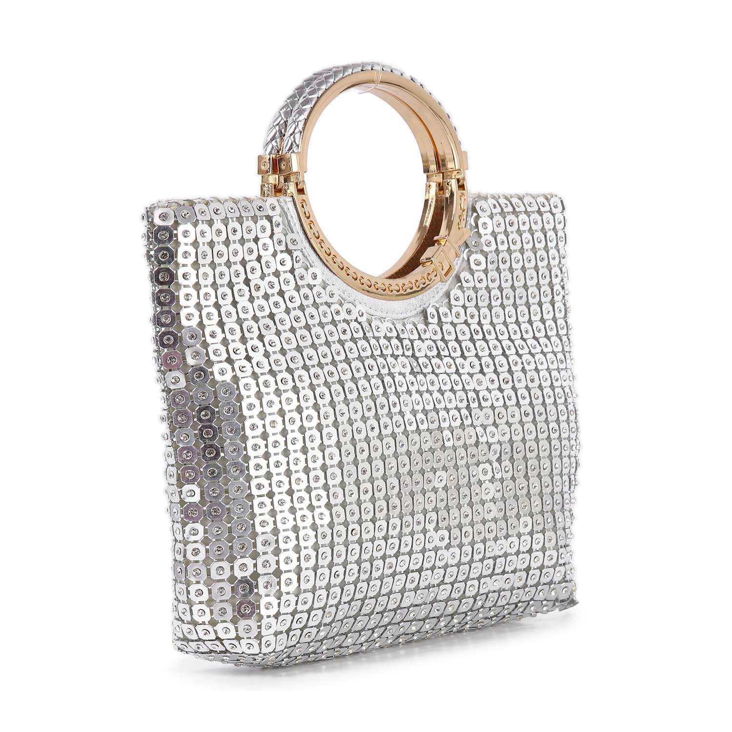 The Metal Mesh Rhinestone Hand Tote features a structured rectangular design with round gold metal handles and sparkling rhinestones for a shiny, glamorous look.