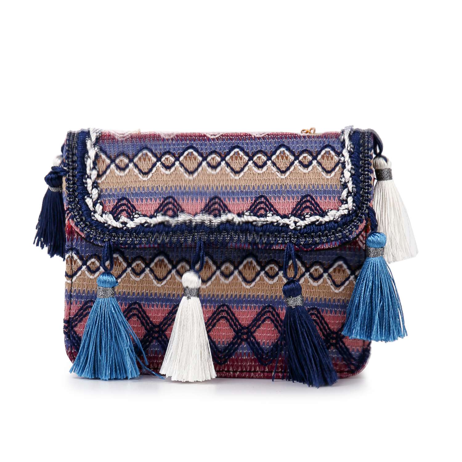 The Tassel Accented Woven Design Shoulder Bag features a flap closure, blue, white, and navy tassels, and vibrant geometric patterns in blue, pink, and cream for a colorful boho look.