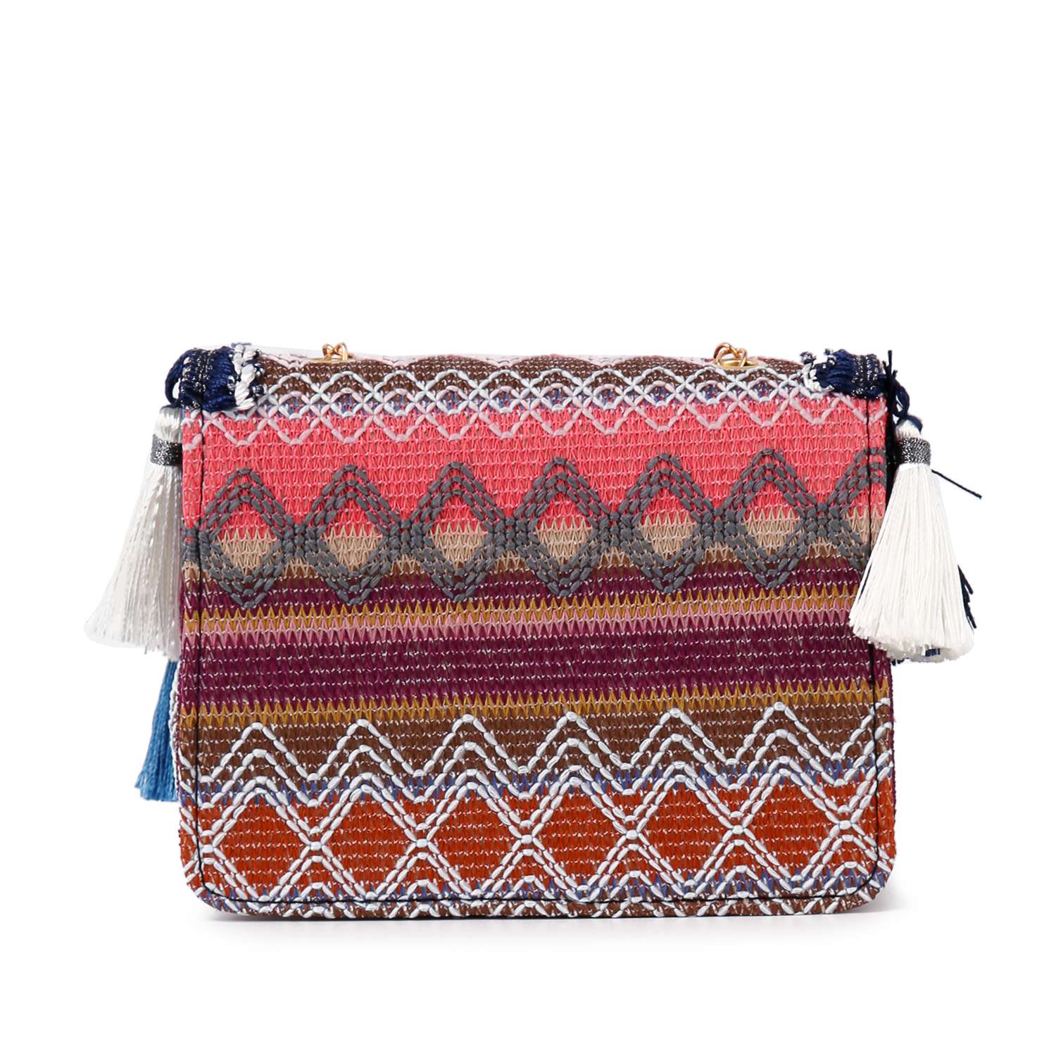 The Tassel Accented Woven Design Shoulder Bag features colorful geometric patterns in red, orange, yellow, and purple, plus white and blue tasseled accents on the sides for a unique boho style.