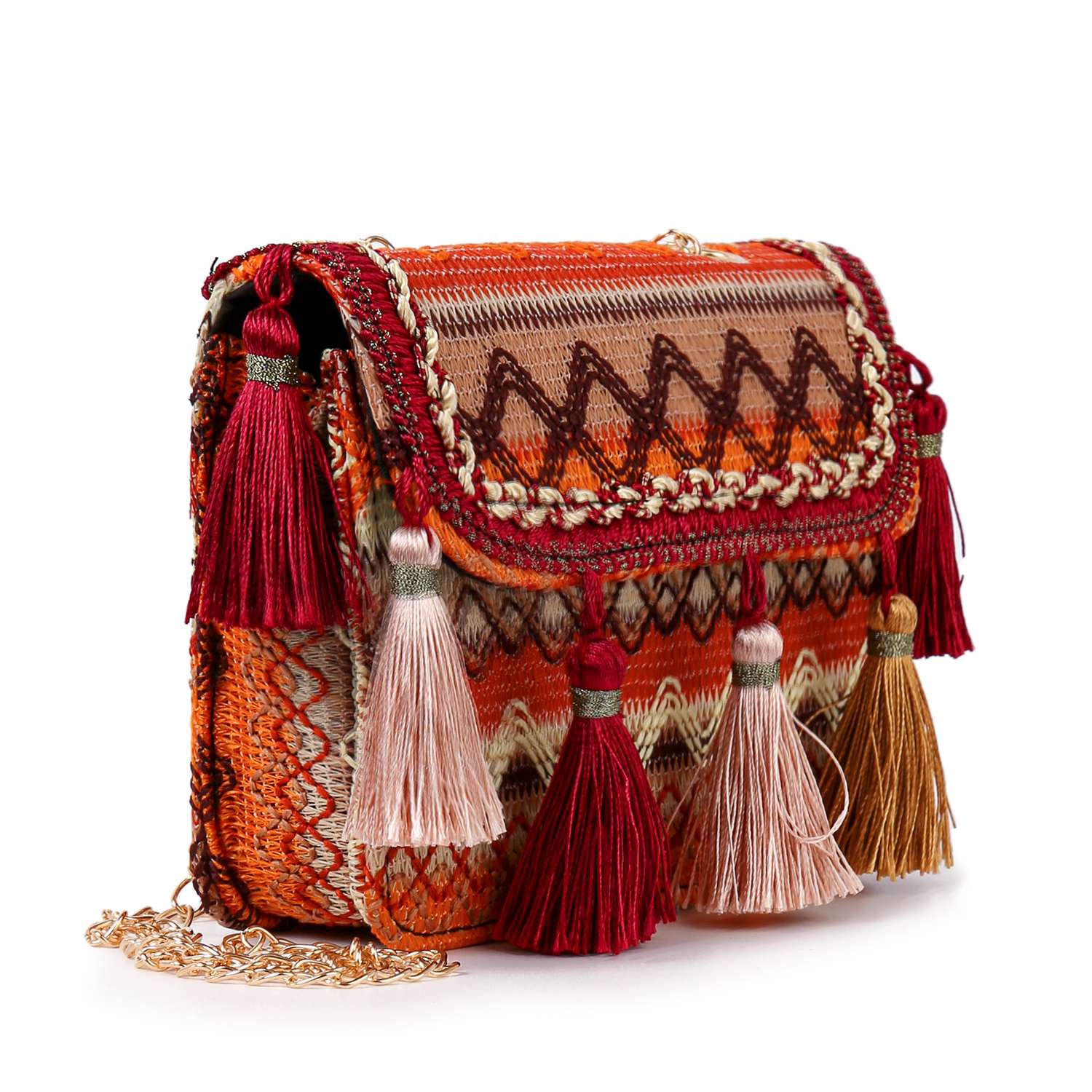 The Tassel Accented Woven Design Shoulder Bag features playful tasseled accents, making it a fun and stylish addition to any outfit.