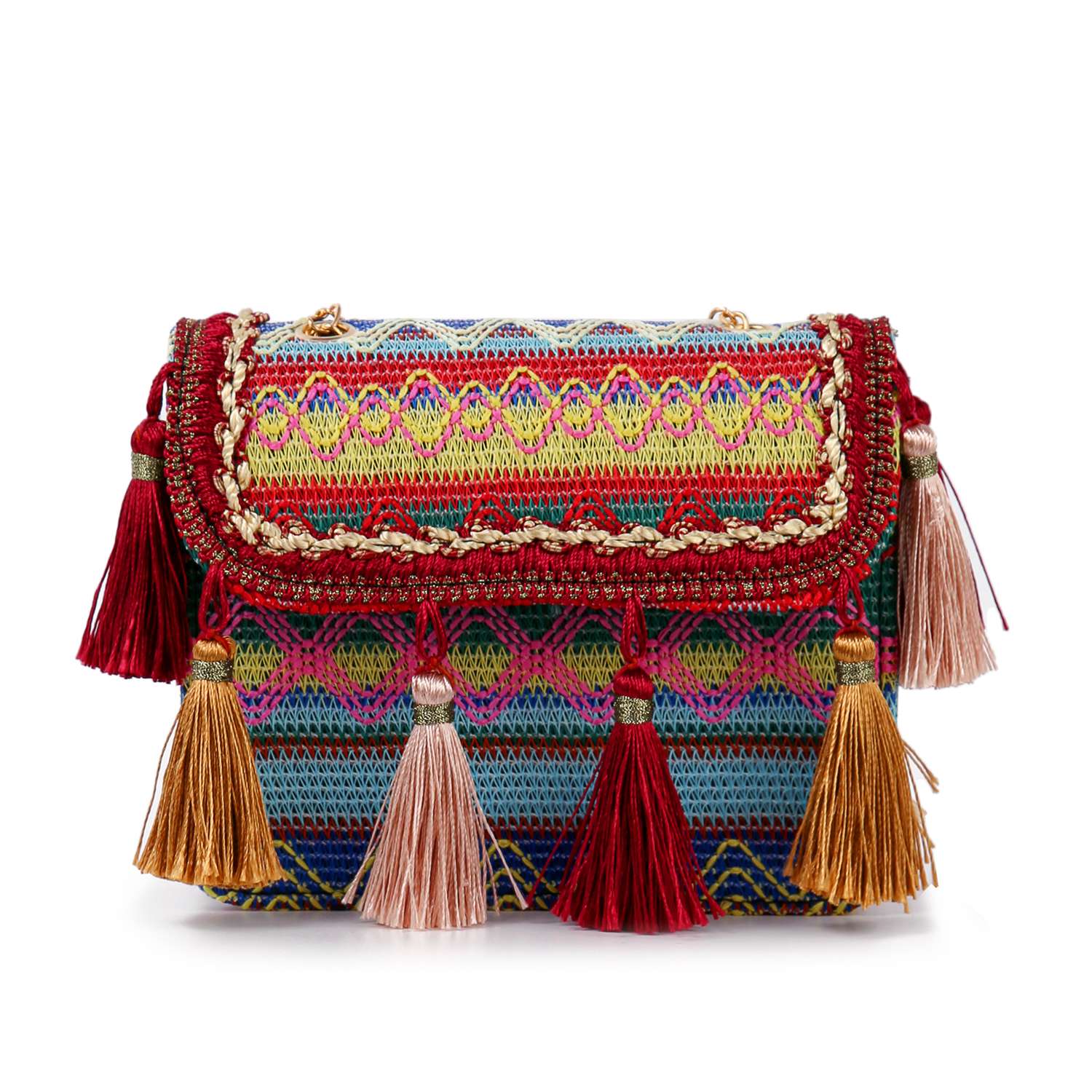 The Tassel Accented Woven Design Shoulder Bag features diamond patterns in blue, green, pink, and yellow, plus red, gold, and tan tassels with a braided trim on the flap for a vibrant boho look.