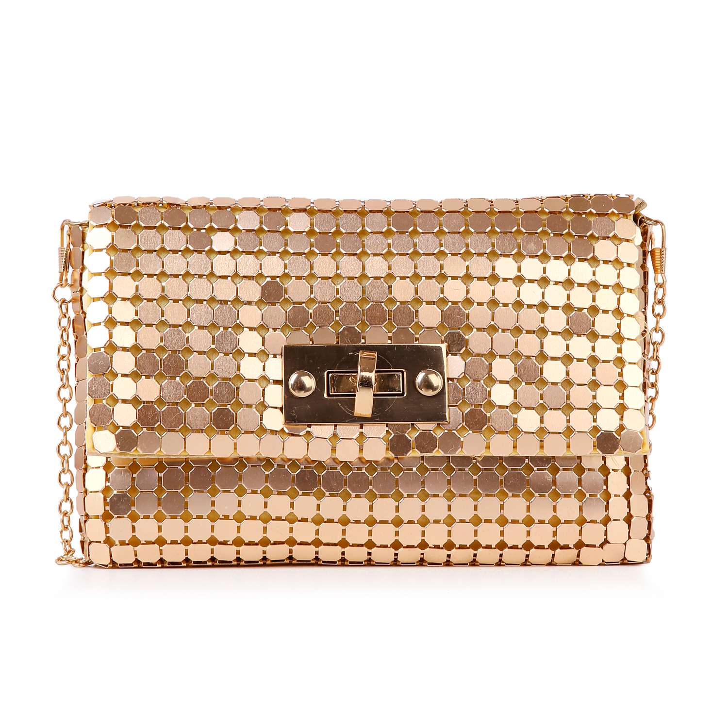 The Metal Mesh Front Flap Evening Bag features a gold metallic envelope design with a hexagonal pattern, detachable chain strap, and a rectangular front clasp.