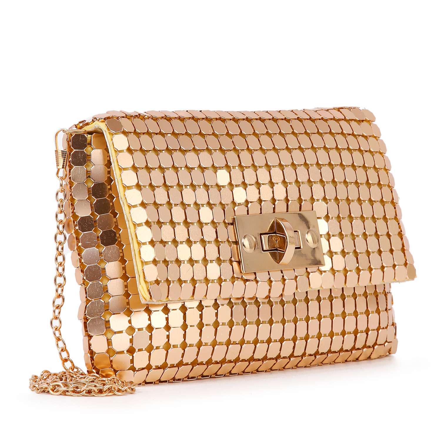 The Metal Mesh Front Flap Evening Bag is a small rectangular gold clutch with a shiny metallic square pattern, gold turn-lock closure, and detachable chain strap.