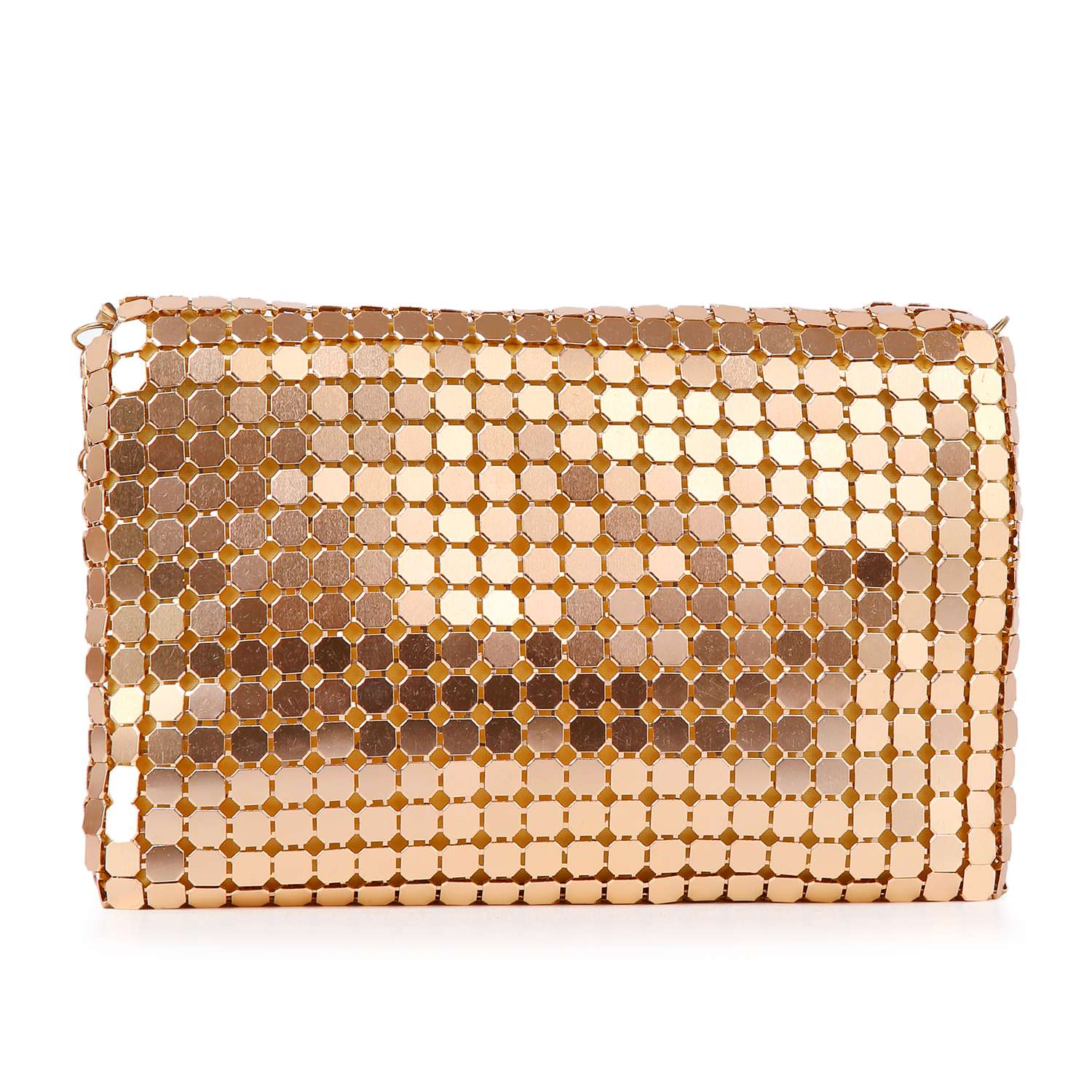 The Metal Mesh Front Flap Evening Bag features a rectangular shape, shiny gold metal mesh in a mosaic pattern, a flap closure, elegant design, and a detachable chain strap for versatile styling.