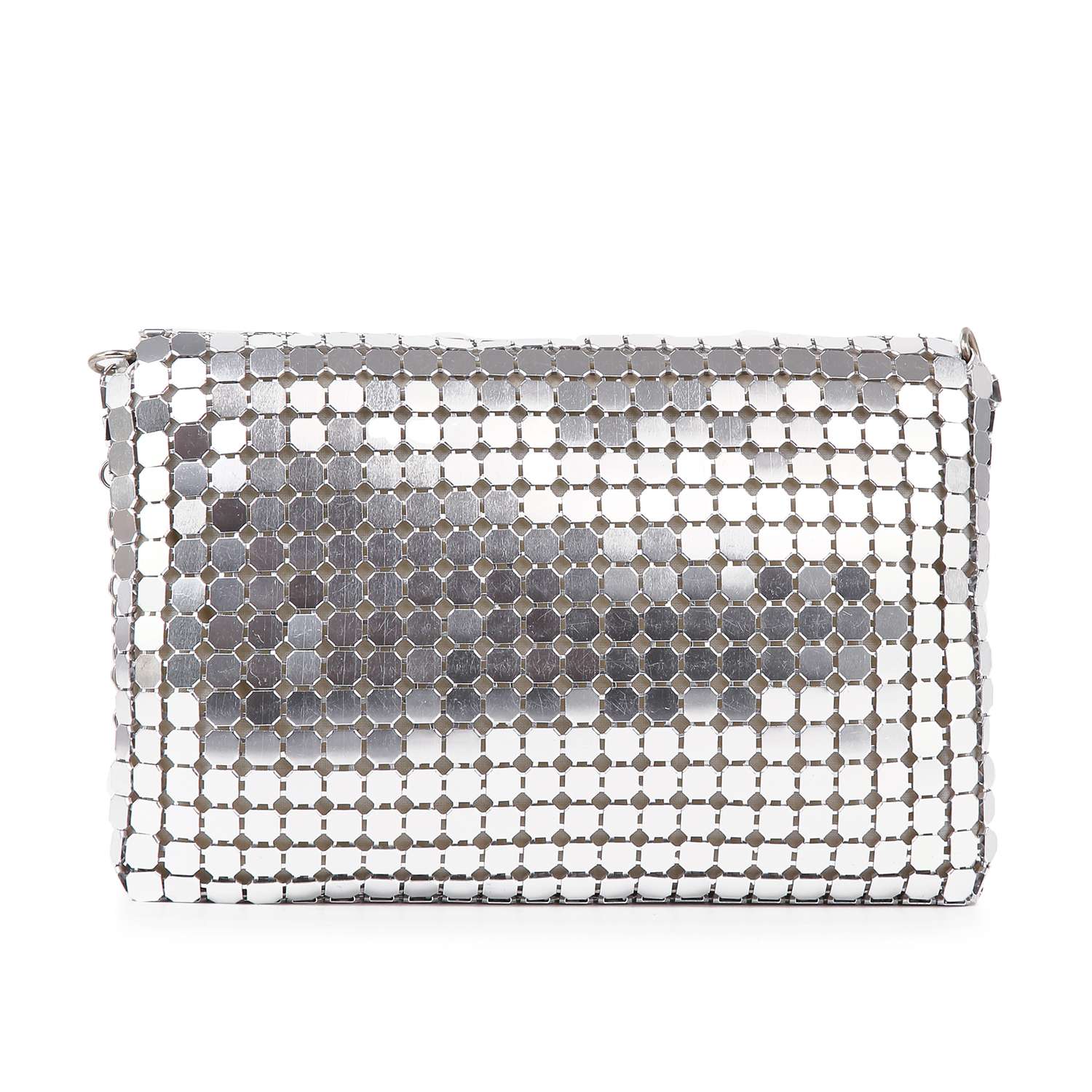 The Metal Mesh Front Flap Evening Bag features a rectangular design with shiny silver hexagonal discs in a grid pattern for a metallic look, plus a detachable chain strap for versatile carrying.