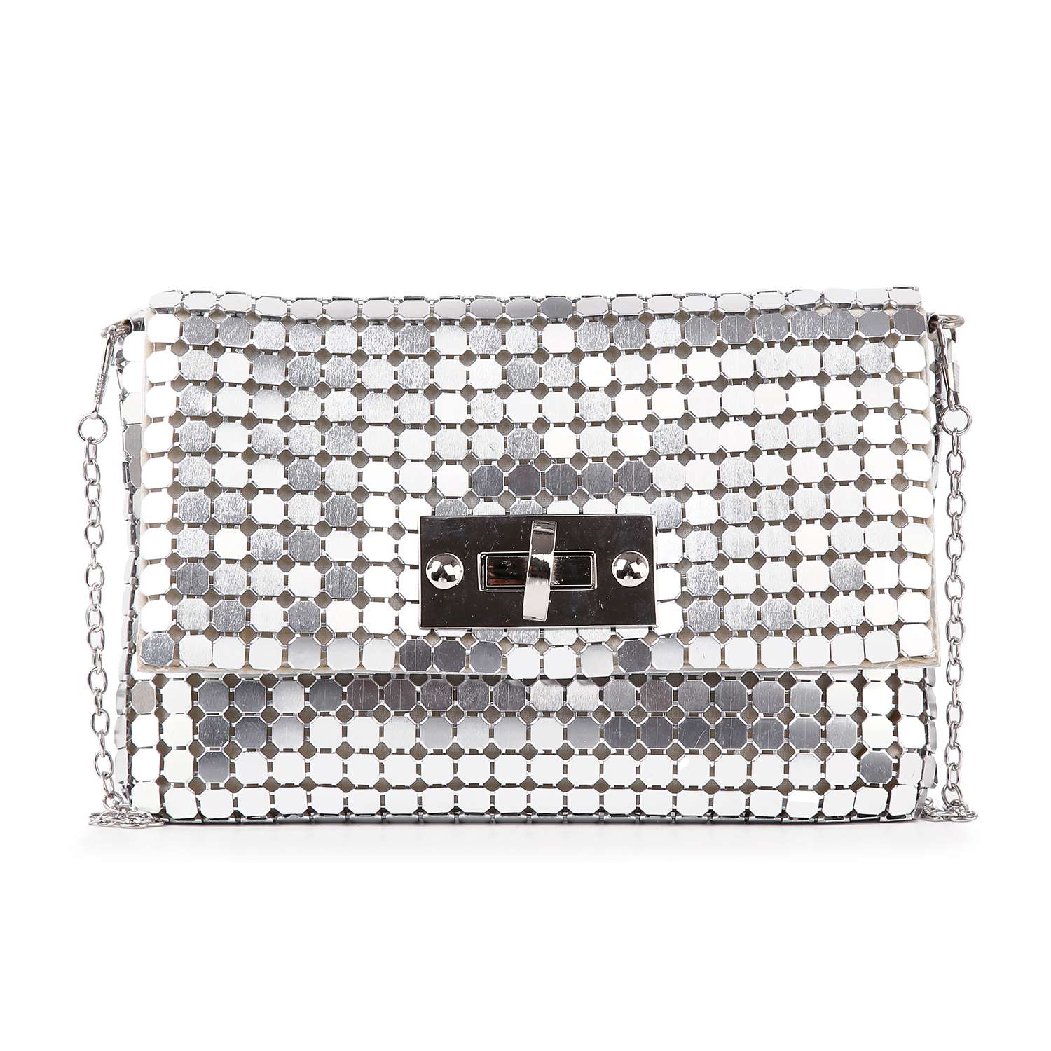 The Metal Mesh Front Flap Evening Bag is a small silver envelope clutch with interlocking hexagonal rhinestone tiles, a detachable chain strap, and a front flap secured by a rectangular turn-lock clasp.