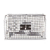 The Metal Mesh Front Flap Evening Bag is a small silver envelope clutch with interlocking hexagonal rhinestone tiles, a detachable chain strap, and a front flap secured by a rectangular turn-lock clasp.