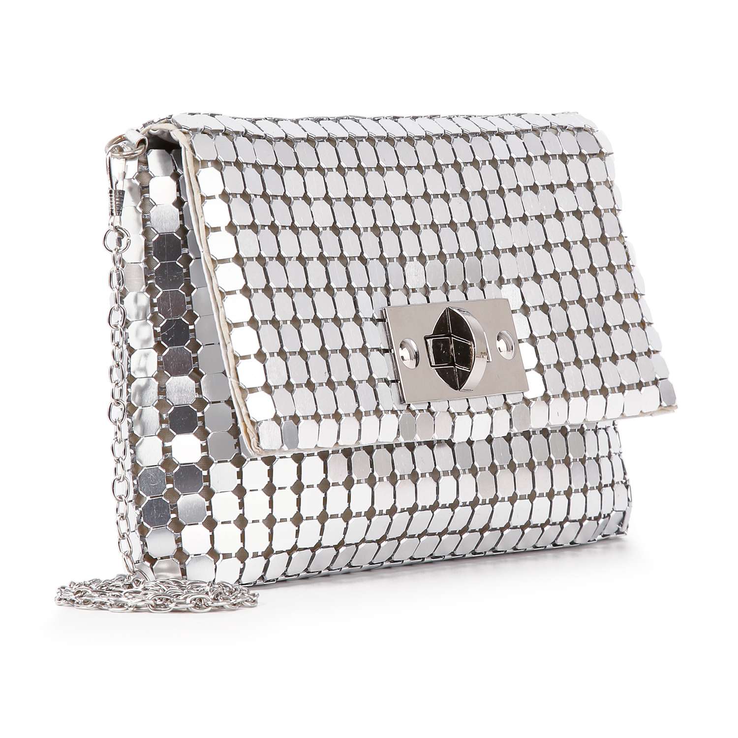 The Metal Mesh Front Flap Evening Bag is a compact, shiny rhinestone envelope clutch with a silver turn-lock clasp, detachable chain strap, and is shown on a white background.