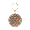 The Circular Colorful Rhinestone Evening Bag features a round design, circular handle, and concentric rings of multicolored gemstones on a metallic base—an eye-catching choice to add sparkle to any night out.