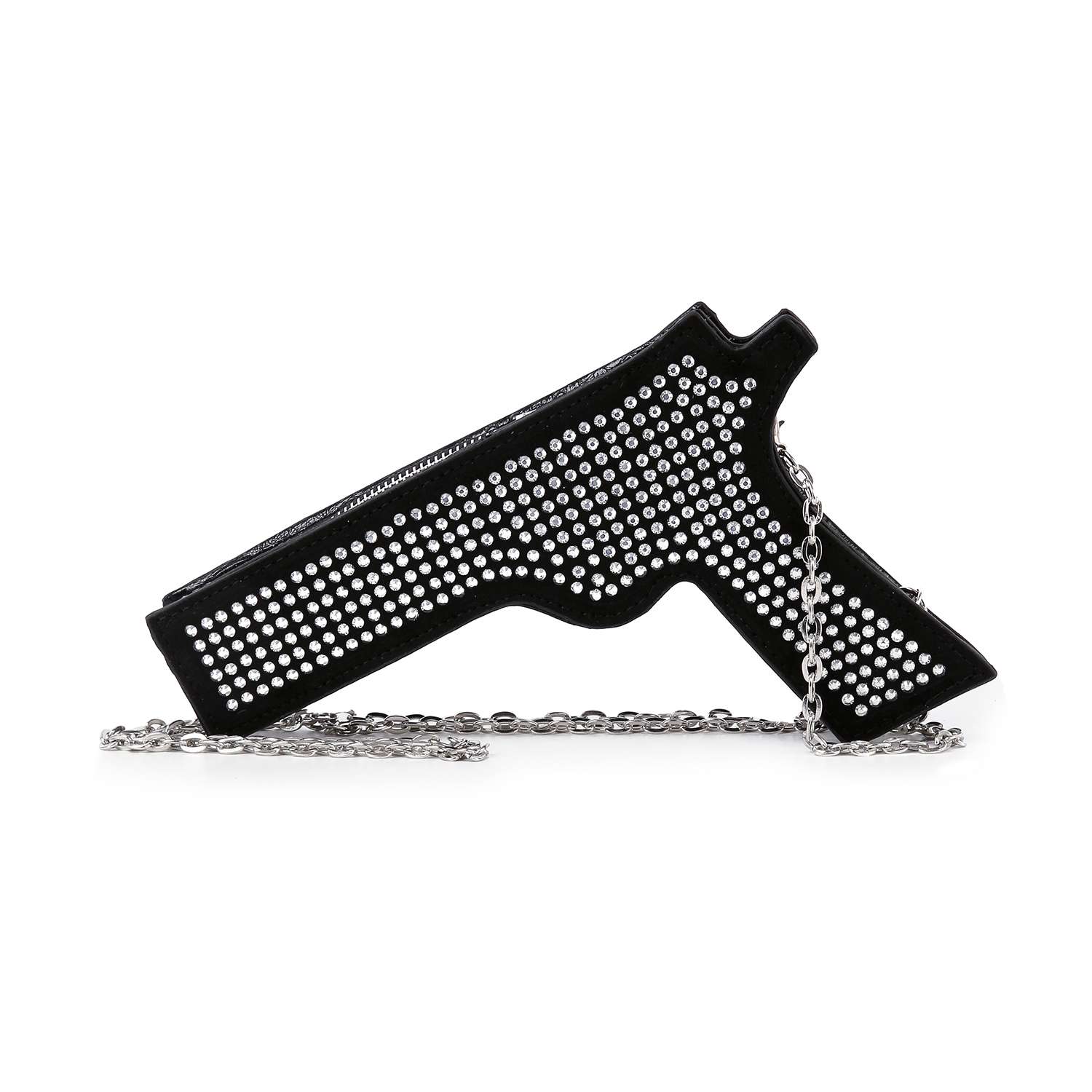 The Rhinestone Pistol Design Evening Bag is a black faux leather evening bag with silver studs and a sleek silver chain strap, shown against a white background.