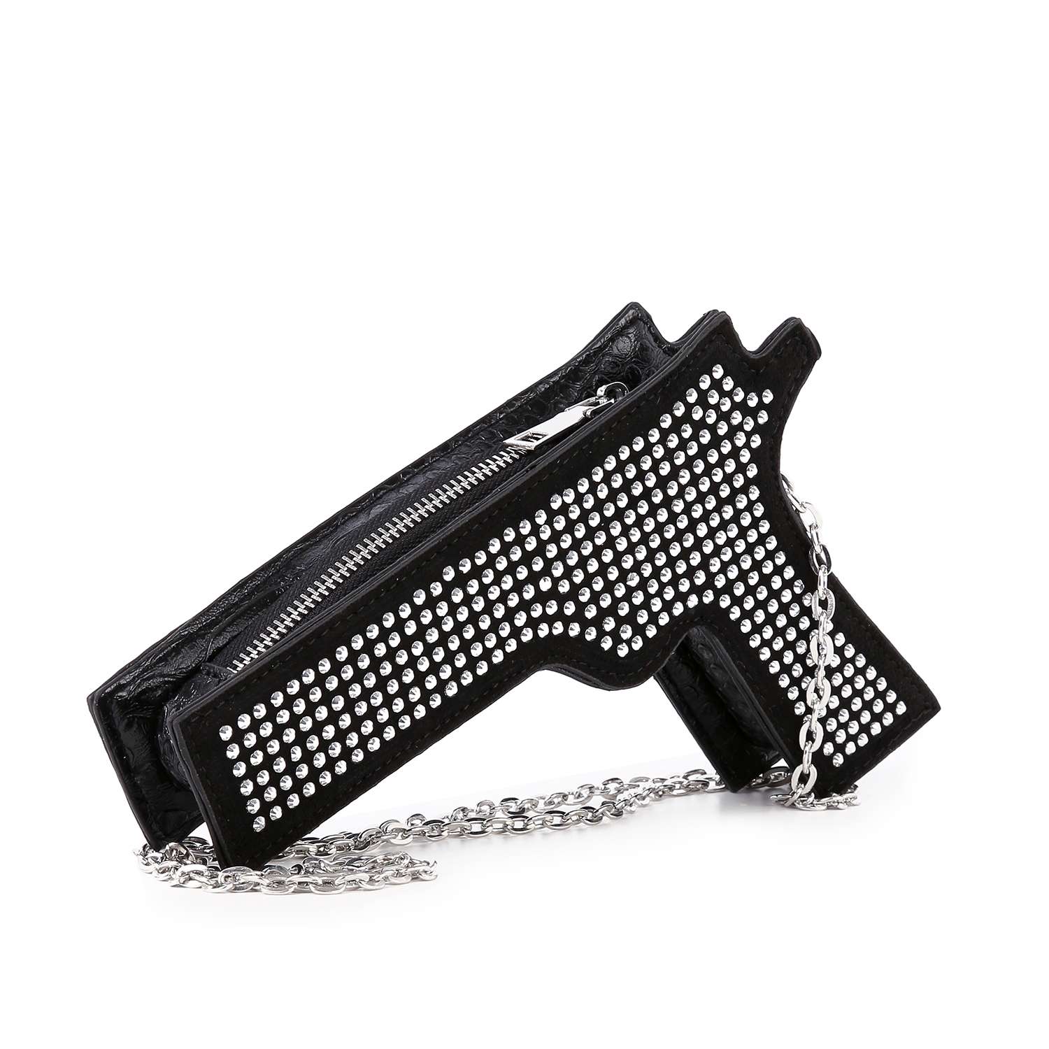 The Rhinestone Pistol Design Evening Bag is a black, handgun-shaped evening bag adorned with rows of silver studs, featuring a top zipper and a silver chain strap.