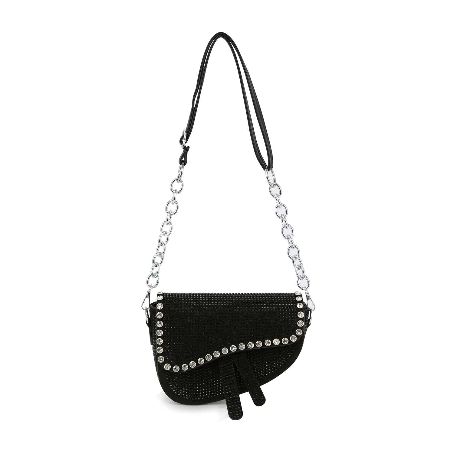 The Chain Handle Petite Shoulder Bag is a black hobo style with a textured faux leather flap, silver stud edging, decorative black straps at the bottom, and a chic chain strap interwoven with black leather.