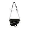 The Chain Handle Petite Shoulder Bag is a black hobo style with a textured faux leather flap, silver stud edging, decorative black straps at the bottom, and a chic chain strap interwoven with black leather.