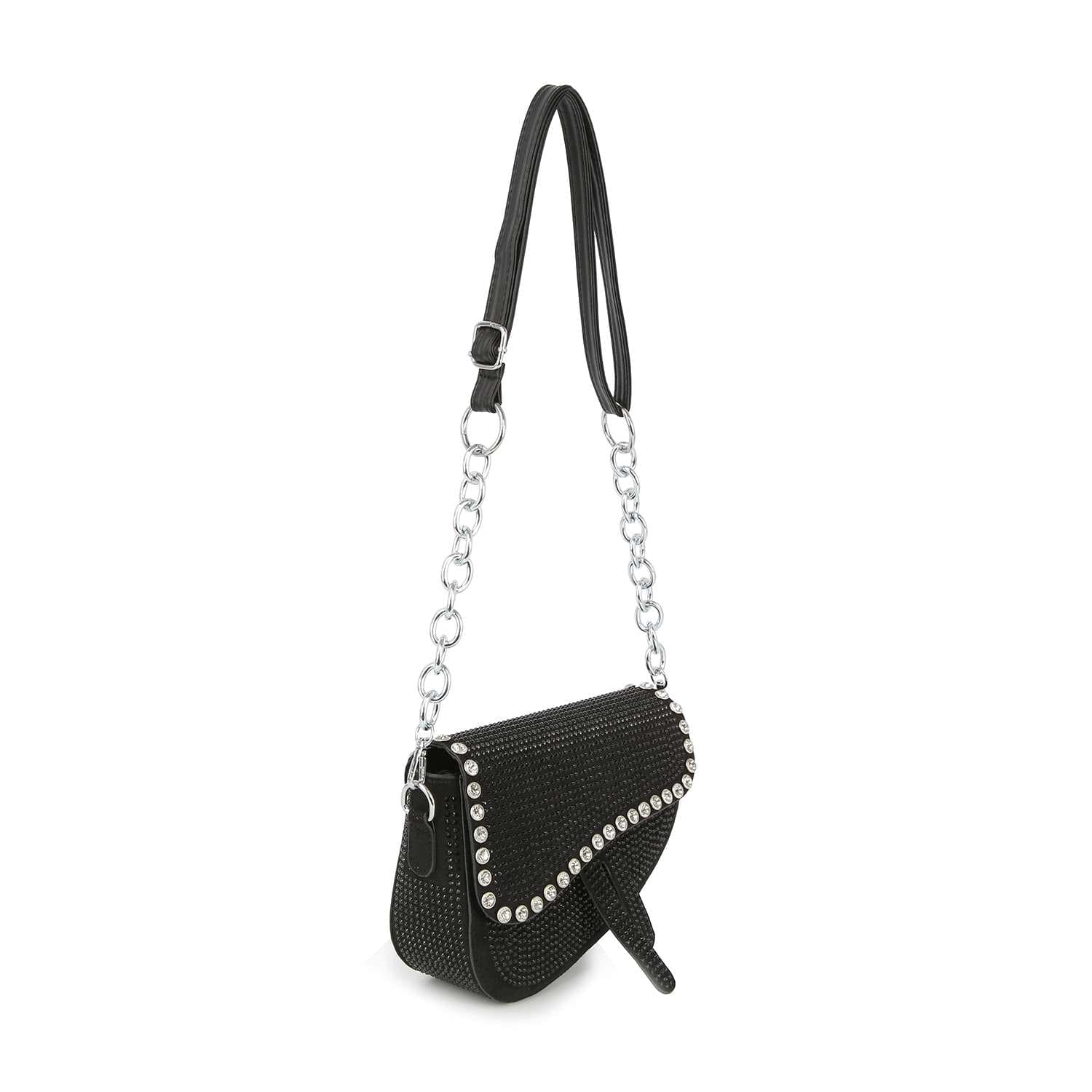 The Chain Handle Petite Shoulder Bag is a small black textured hobo with a flap closure, silver studs along the edge, and a chain handle featuring an adjustable black faux leather section.