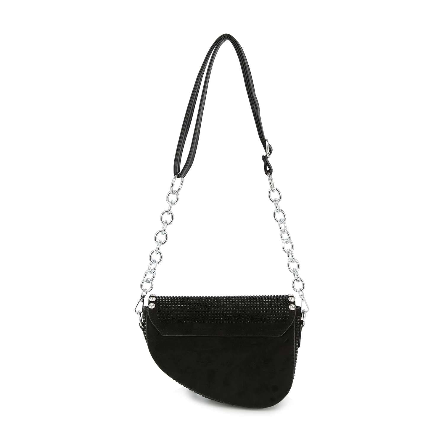 The Chain Handle Petite Shoulder Bag is a small black semi-circular hobo bag with a textured faux leather flap, a thick silver chain strap, and a shorter black strap looped at the top.