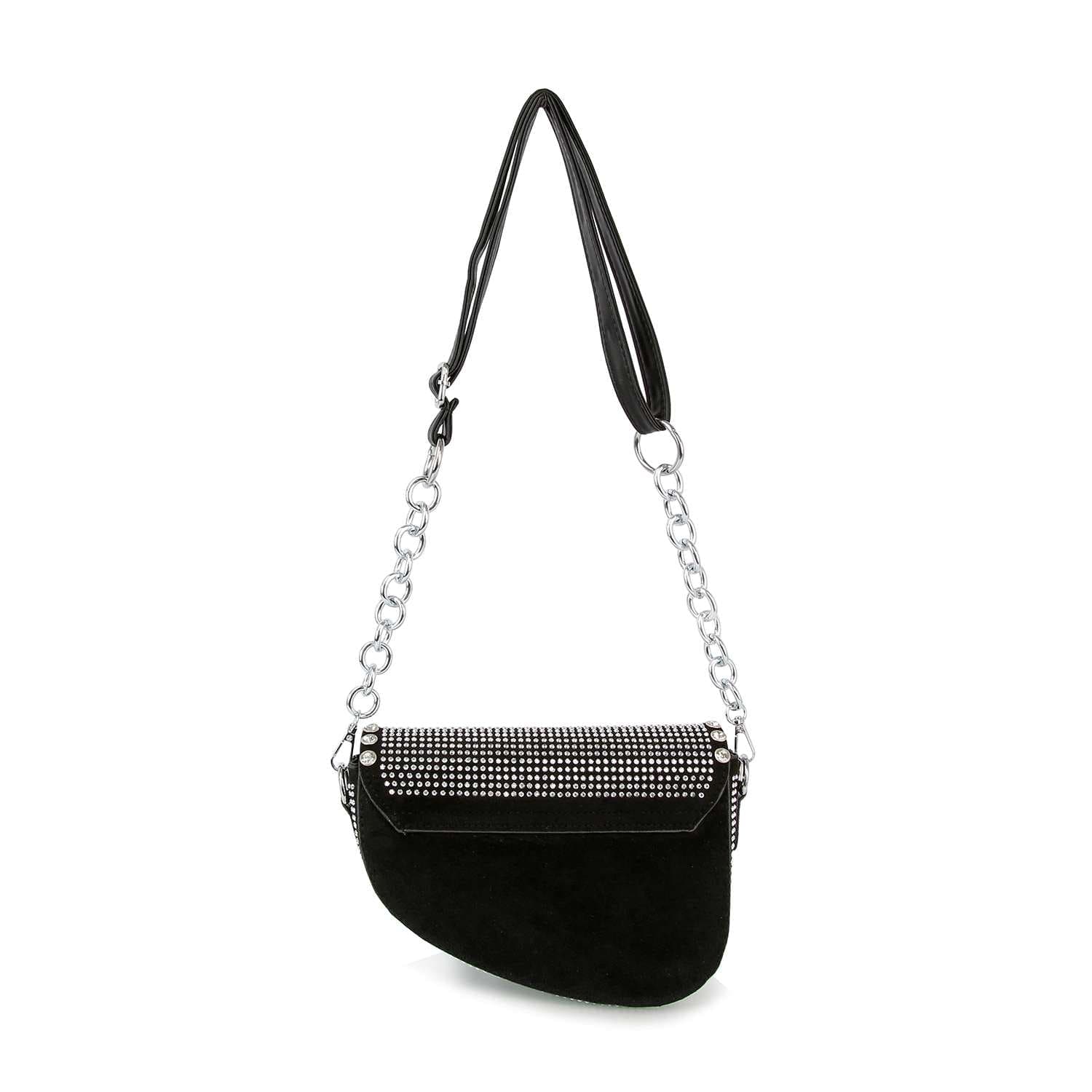 The Chain Handle Petite Shoulder Bag is a black faux leather shoulder bag featuring a silver chain strap and a flap adorned with small silver studs, shown against a white background.
