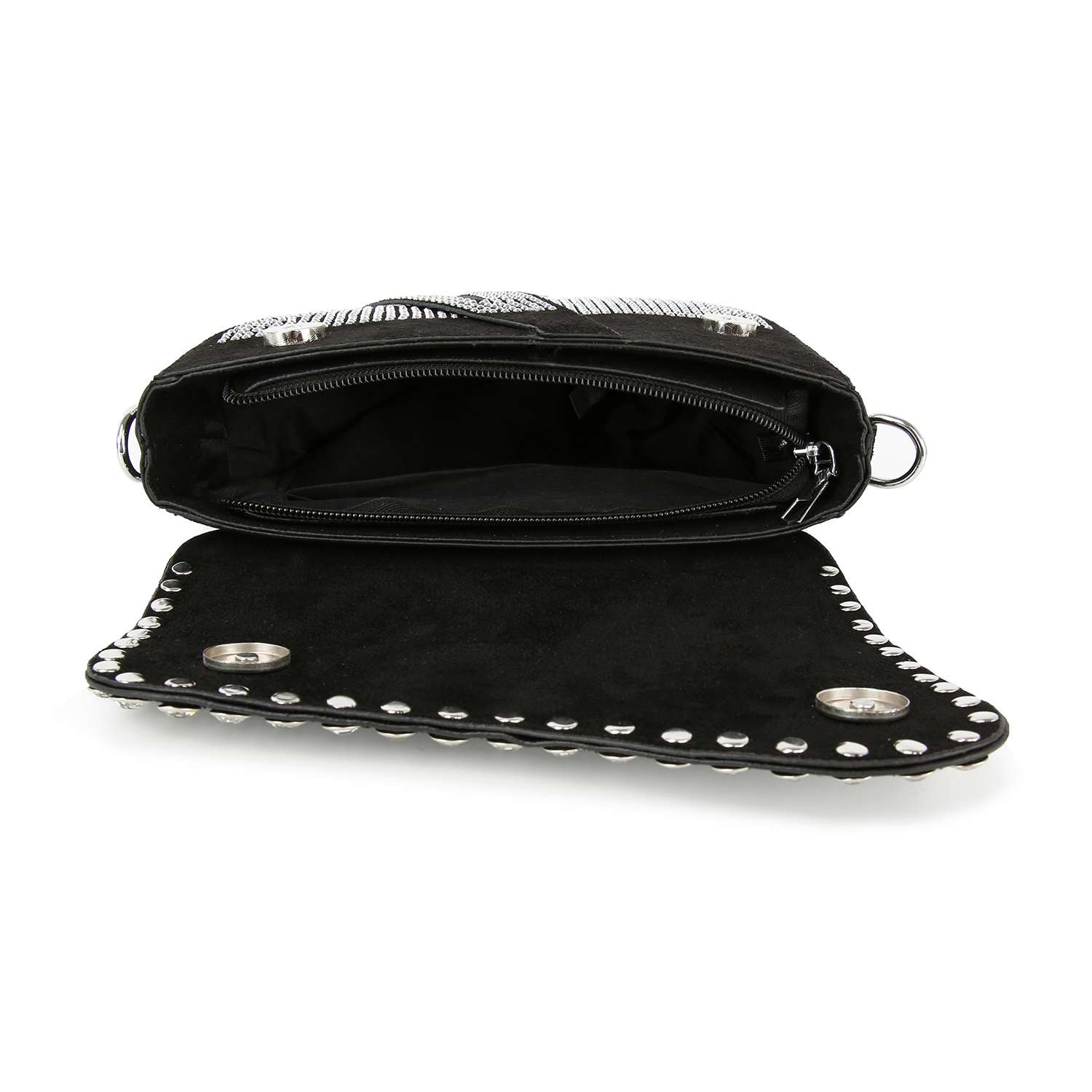 The Chain Handle Petite Shoulder Bag features black faux leather, silver studs, a flap closure, chain handle, and a spacious interior with a zippered pocket.