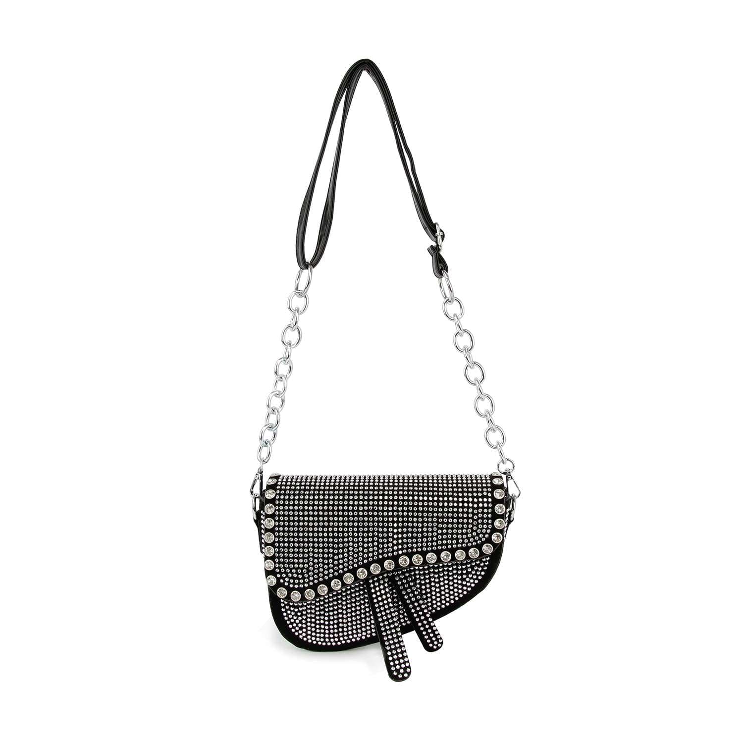 The Chain Handle Petite Shoulder Bag is a small black faux leather shoulder bag with a silver chain strap, featuring silver rhinestones in a grid and circular design on the front flap and two strap-like accents hanging from the bottom.