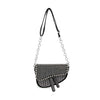 The Chain Handle Petite Shoulder Bag is a small black faux leather shoulder bag with a silver chain strap, featuring silver rhinestones in a grid and circular design on the front flap and two strap-like accents hanging from the bottom.