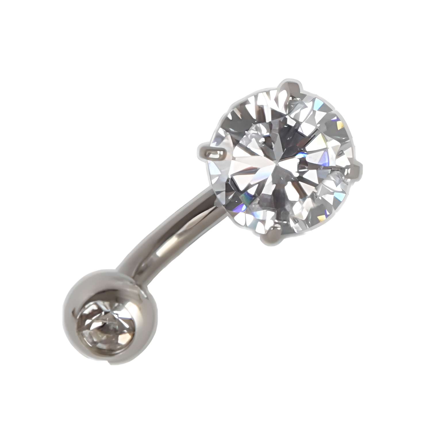 Set of 10 Dazzling Belly Button Rings, each 8mm curved silver design with a small round gem on one end and a larger prong-set clear gemstone on the other—ideal for everyday wear.