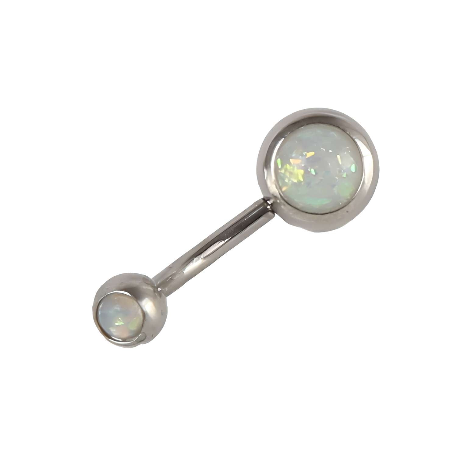 A set of 10 dazzling belly button rings, each featuring a silver barbell design with opal-like stones in varying sizes at each end—perfect for everyday wear.