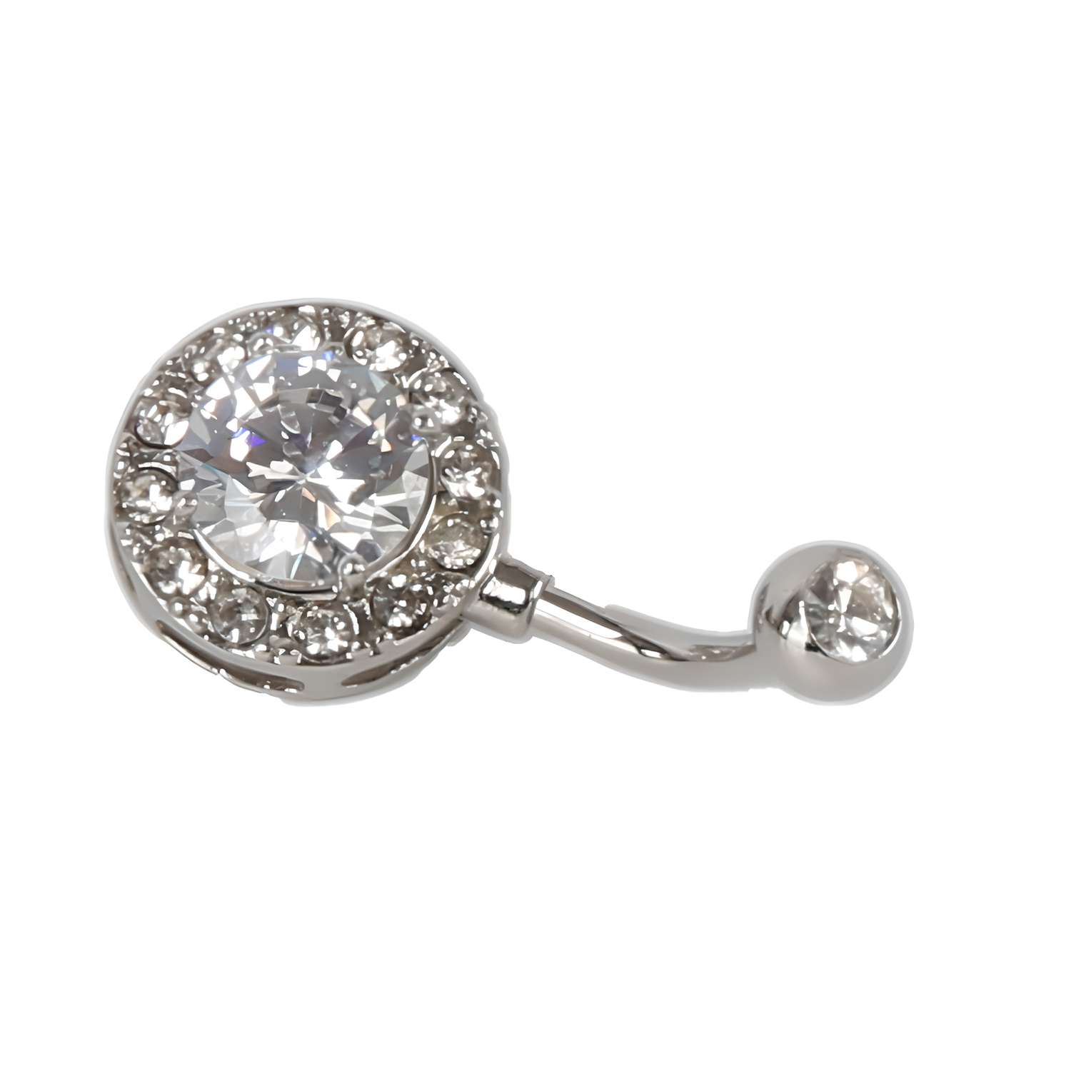 This Set of 10 Dazzling Belly Button Rings includes silver 8mm designs with a large central clear gemstone, smaller accent gems, and an extra stone at the end—perfect for everyday wear.
