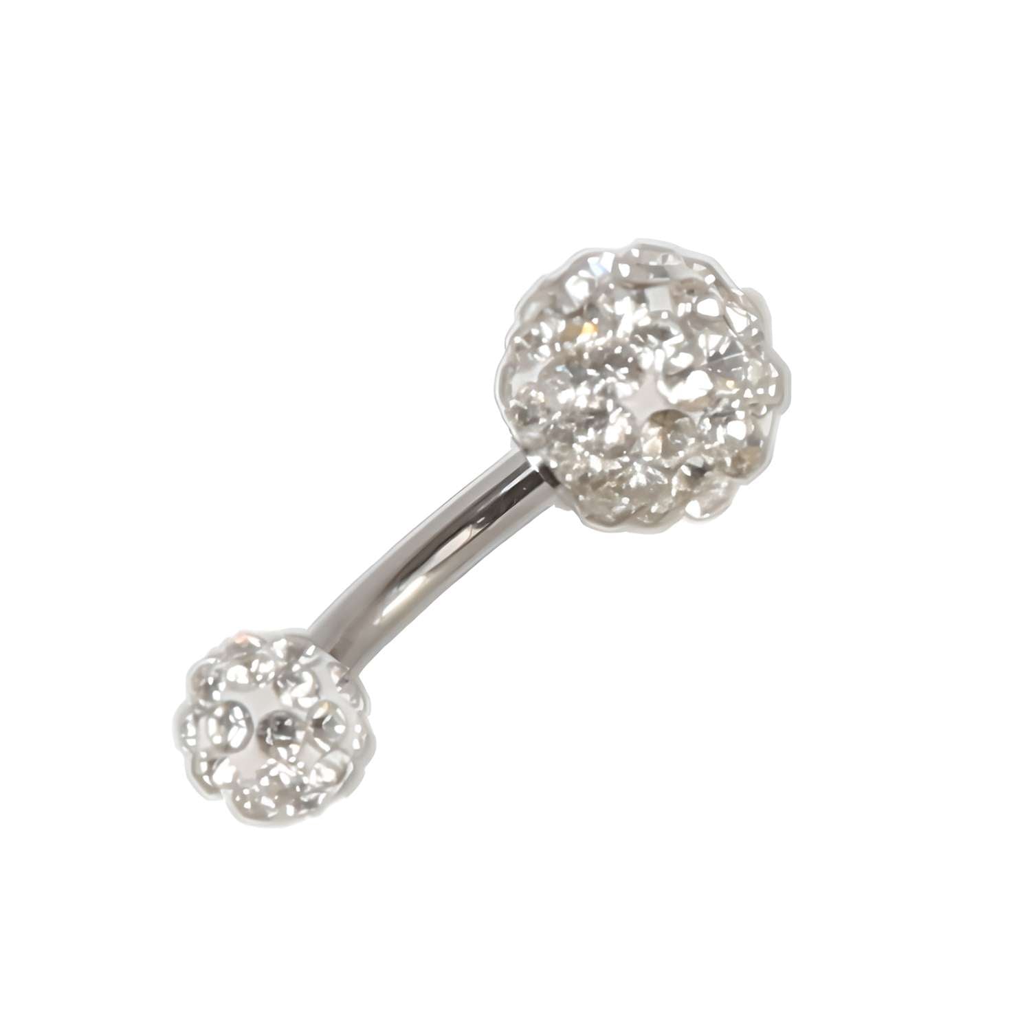This set of 10 dazzling belly button rings features curved silver 8mm barbells with round, textured ends encrusted in small sparkling crystals—ideal for everyday wear.