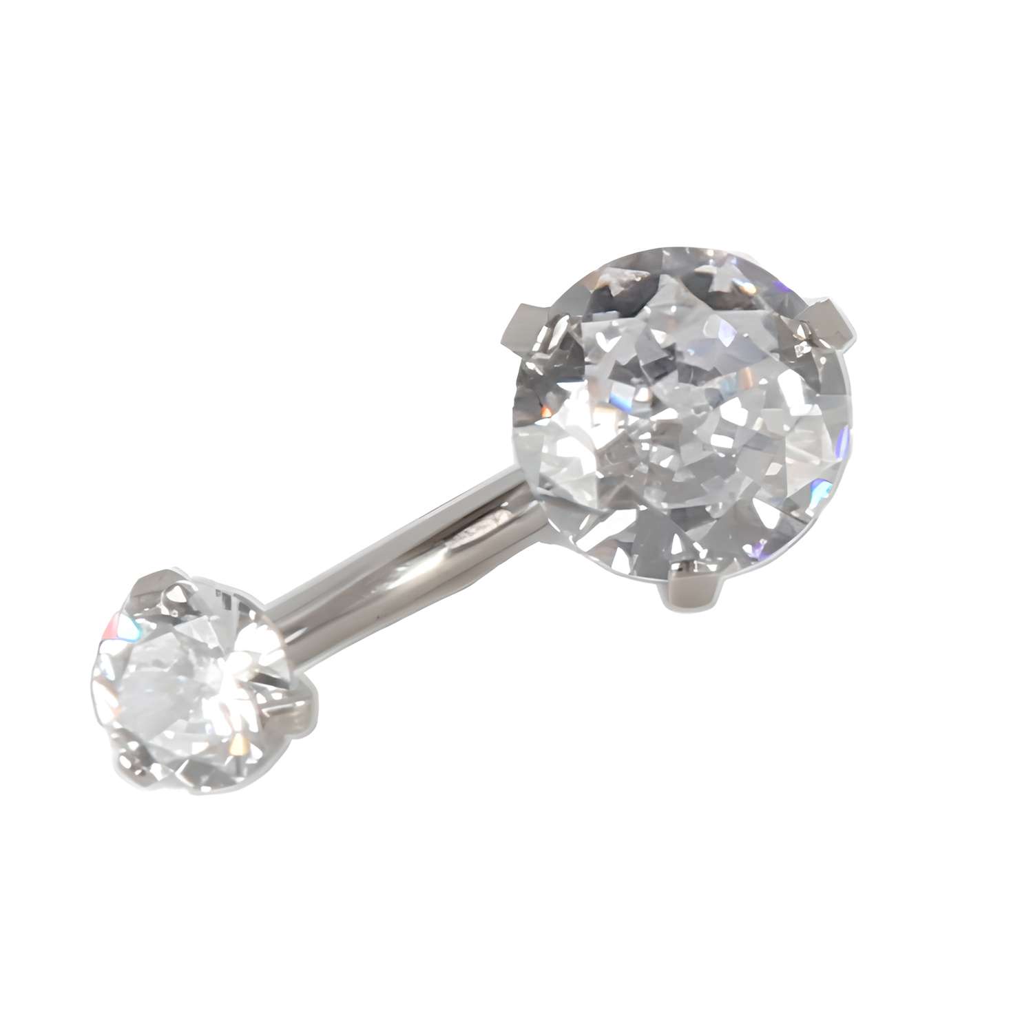 Part of the Set of 10 Dazzling Belly Button Rings, this silver curved barbell belly ring measures 8mm and features two clear, round gemstones in different sizes at each end—ideal for daily wear and displayed on a white background.