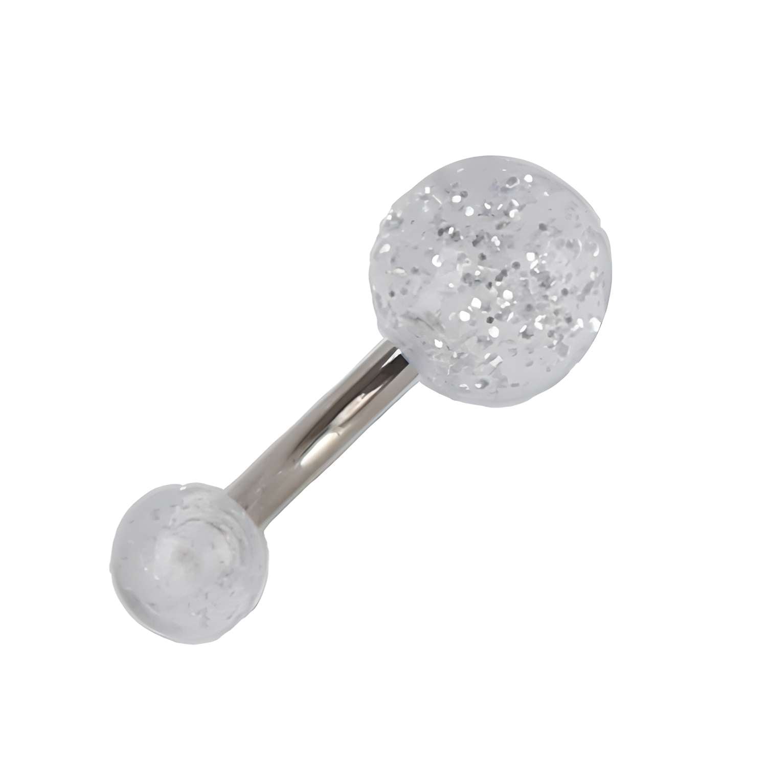 This set of 10 dazzling belly button rings features curved 8mm barbells with a silver shaft and two clear balls containing silver glitter on each end, one larger than the other—perfect for everyday style or standout looks.