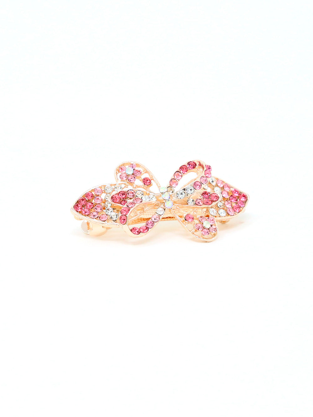 The Rhinestone Design Hair Clip is a stylish gold bow-shaped accessory, embellished with pink and clear rhinestones, shown against a simple white background.