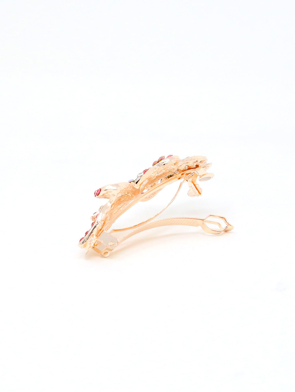 The Rhinestone Design Hair Clip is a stylish gold accessory adorned with red and clear gemstones, displayed from a side angle against a white background.