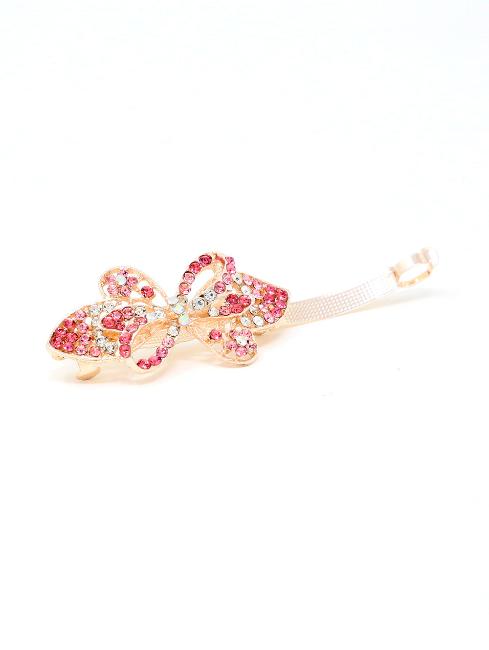 The Rhinestone Design Hair Clip is a stylish gold bow-shaped accessory, embellished with pink and clear rhinestones, shown on a white background.