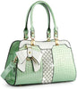 The Brilliant Bow Sparkling Hand Tote is a light green faux leather croc bag with white accents, gold hardware, a white and gold decorative bow, and a silver-and-white checkerboard central strip.