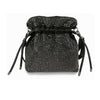 The Rhinestone Covered Gathered Evening Bag is a small black drawstring bag embellished with sparkling rhinestones, black faux leather straps, and silver-tone hardware.