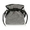 The Rhinestone Covered Gathered Evening Bag is a small black shoulder bag adorned with rhinestones, faux leather accents, silver hardware, and drawstring side closures.