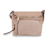 The Genuine Leather Unique Fold Over Crossbody Sling features light beige leather, a front zip pocket, flap closure, gold hardware, an adjustable strap for a perfect fit, and a decorative zipper pull for added style.