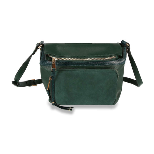 The Genuine Leather Unique Fold Over Crossbody Sling features a dark green, lightweight design with a gold front zipper, adjustable strap, main compartment flap, and a mix of leather and suede for a sleek, modern look.