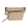 The Genuine Leather Unique Fold Over Crossbody Sling is a beige, lightweight bag with gold-tone hardware, a front zippered pocket, adjustable strap, fold-over top, and secure zipper closure.