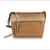 The Genuine Leather Unique Fold Over Crossbody Sling features a textured top flap, large suede front pocket, gold hardware, and adjustable strap. This lightweight shoulder bag rests on a white background.
