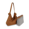 The Genuine Leather Two-In-One Hobo Handbag Set features a brown suede shoulder bag with knotted straps and matching pouch, shown beside a gray zippered pouch with a tan top accent.