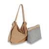 The Genuine Leather Two-In-One Hobo Handbag Set includes a tan hobo shoulder bag with long handles and a light gray textured pouch with beige trim; both are stylish and fit a tablet.