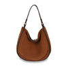 The Classic Genuine Leather Hobo Handbag features brown suede with dark brown trim and a single shoulder strap, making it perfect for everyday use. Shown against a white background.